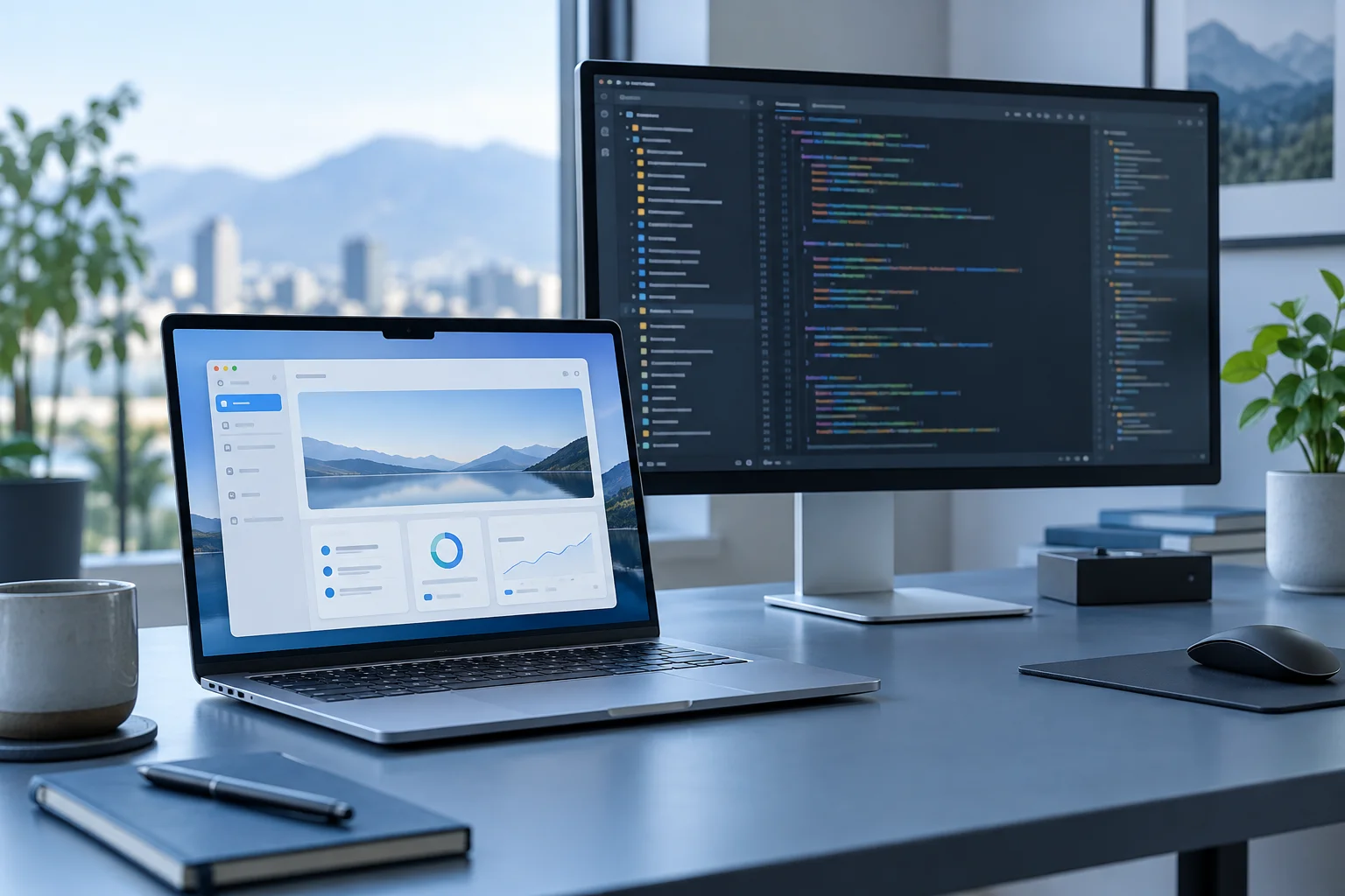Illustrasjon av en moderne arbeidsstasjon for programvareutvikling